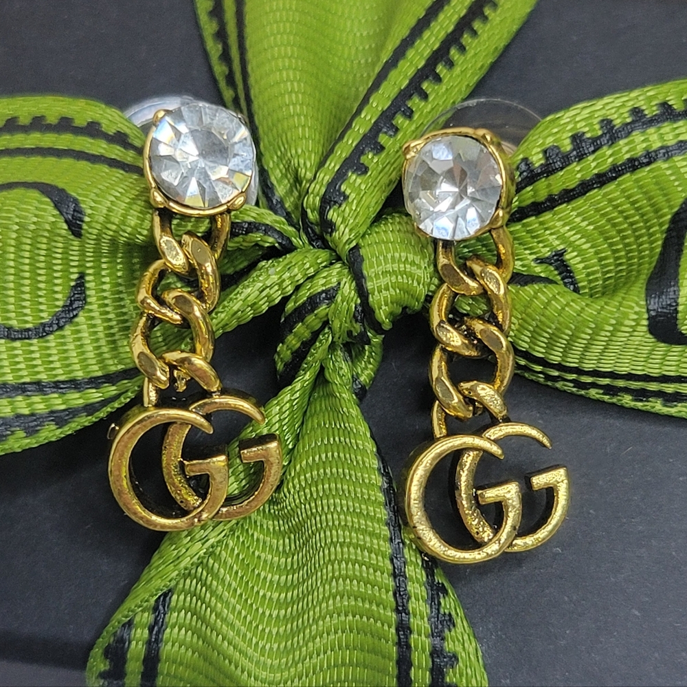 Crystal GG Gold & Crystal Chain Drop Earings